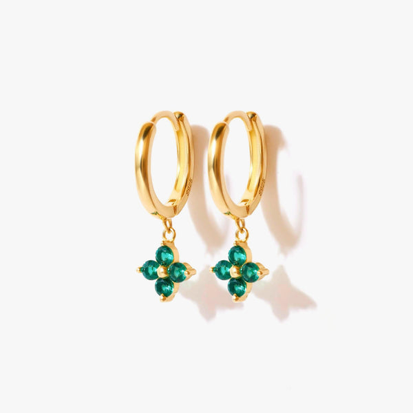 Emerald Green 3A CZ Four Leaf Dangly Hoop Earrings