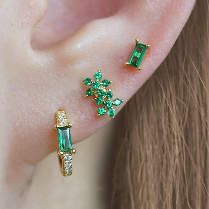 Emerald Green 3A CZ  Double Flower Flat Back Piercing Earring