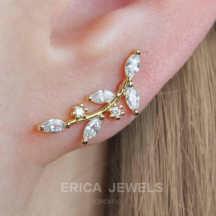 Dainty Crystal 3A CZ  Leaf Flat Back Piercing Earring-Left Ear