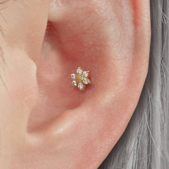 Crystal 3A CZ  Sunflower Flat Back Piercing Earring