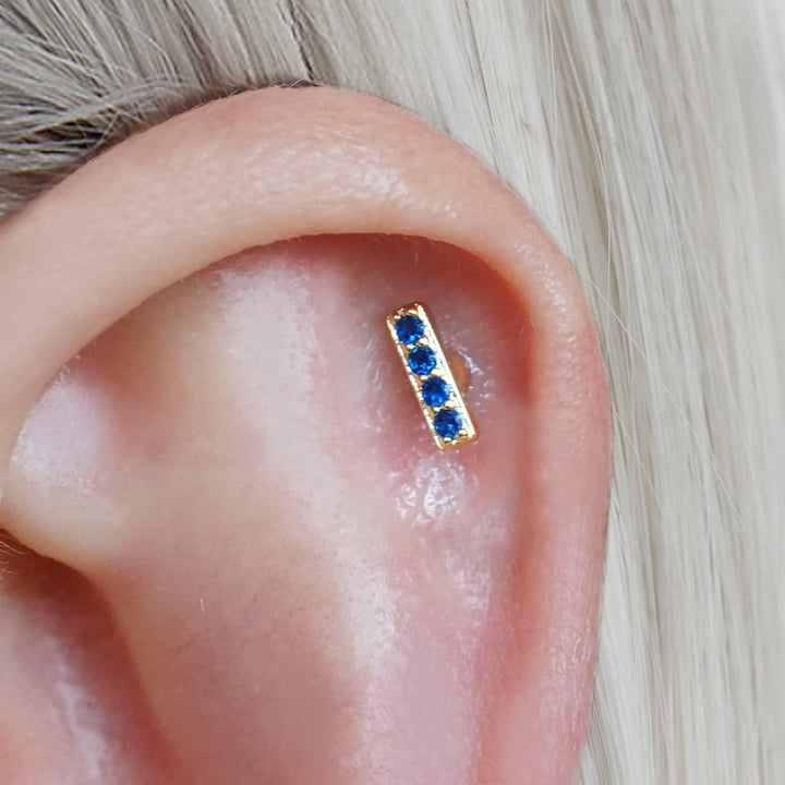 Sapphire Blue 3A CZ  Bar Flat Back Piercing Earring