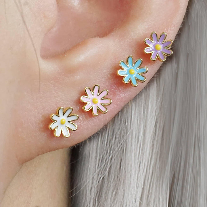 Pink Enamel Daisy Flower Flat Back Piercing Earring