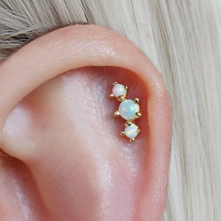 Triple White Opal Prong Flat Back Piercing Earring