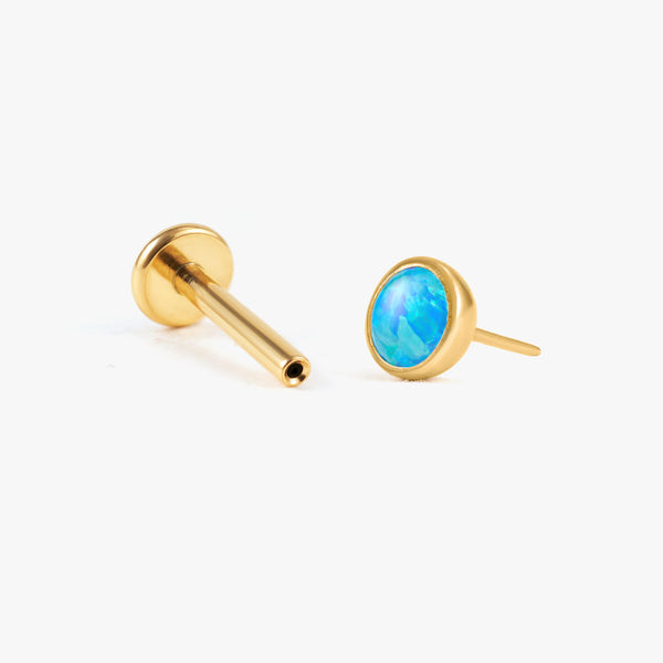 Color_Gold;Blue Opal Bezeled Push Pin Earring
