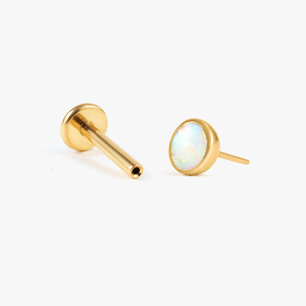 Color_Gold;White Opal Bezeled Push Pin Earring