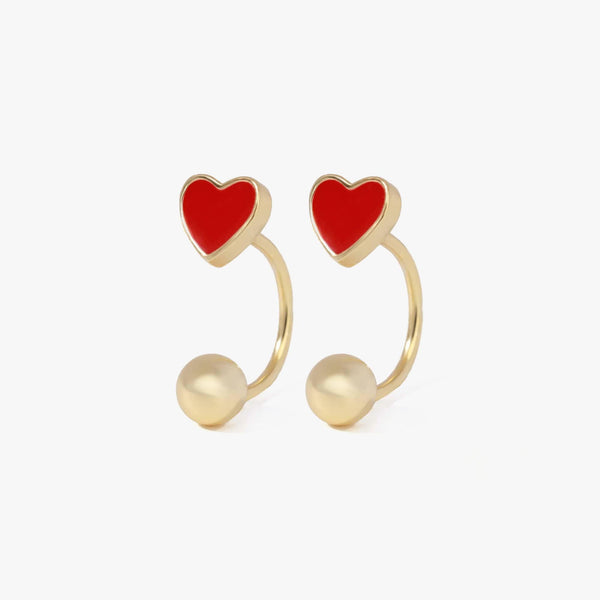 Red Enamel Heart Shaped Half Hoop Huggie Earrings