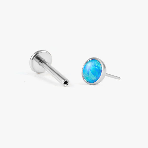Color_Silver;Blue Opal Bezeled Push Pin Earring