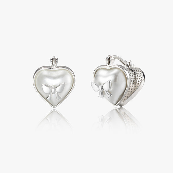 Romantic Pearl Heart Hoop Earrings with Bow Charm