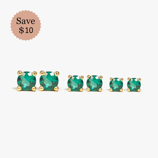 Sparkle Emerald Studs Earrings Set - 3 Sizes Included