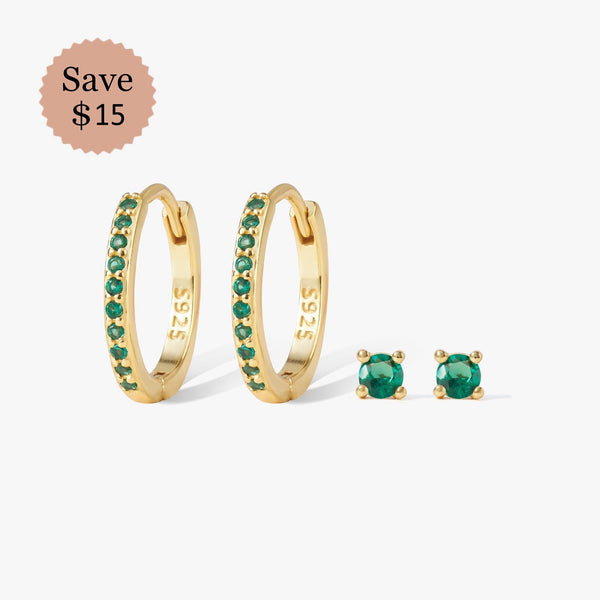 Dainty Emerald Hoops And Stud Earrings Set