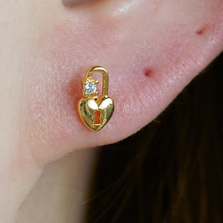 Crystal Heart Lock Flat Back Piercing Earring
