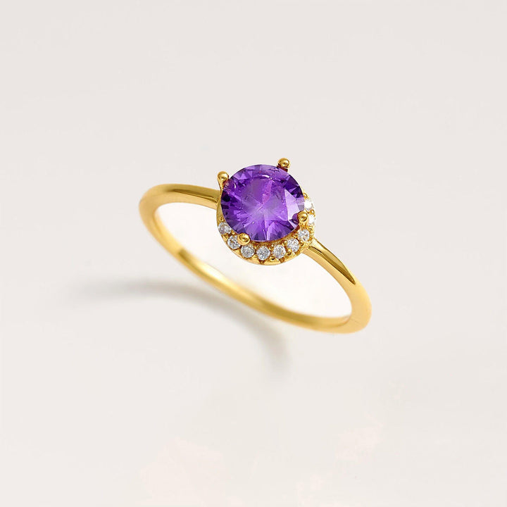 Round Amethyst Purple 3A CZ Gold Thin Ring