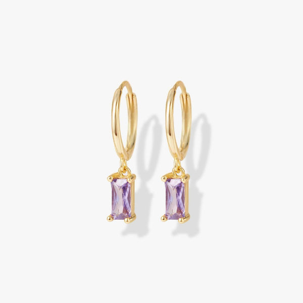 Amethyst Purple 3A CZ Baguette Hoop Earrings With Charm