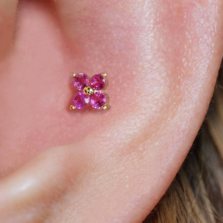 Ruby Four Leaf Clover Cartilage Barbell Earrings - EricaJewels