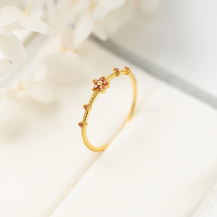 Dainty Garnet Flower Ring 