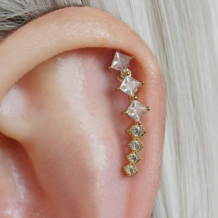 Triple Square Crystal Flat Back Piercing Earrings-Right Ear