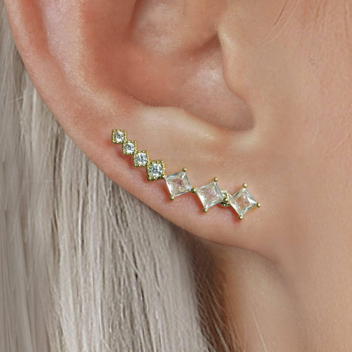 Triple Square Crystal Flat Back Piercing Earrings-Left Ear