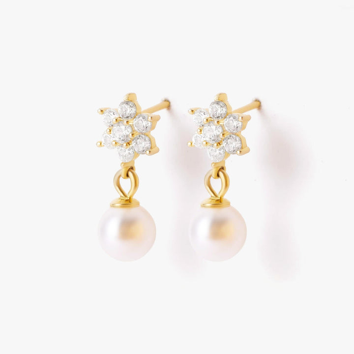 Dainty Crystal 3A CZ Flower And Pearl Drop Earrings