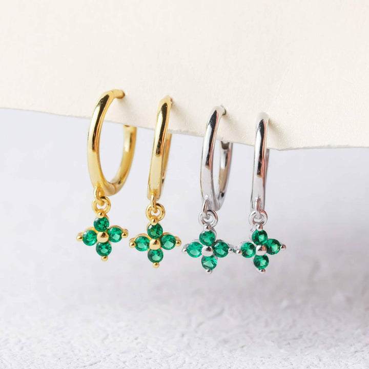 Emerald Four Petal Drop Hoop | Small Hoop Earrings - EricaJewels