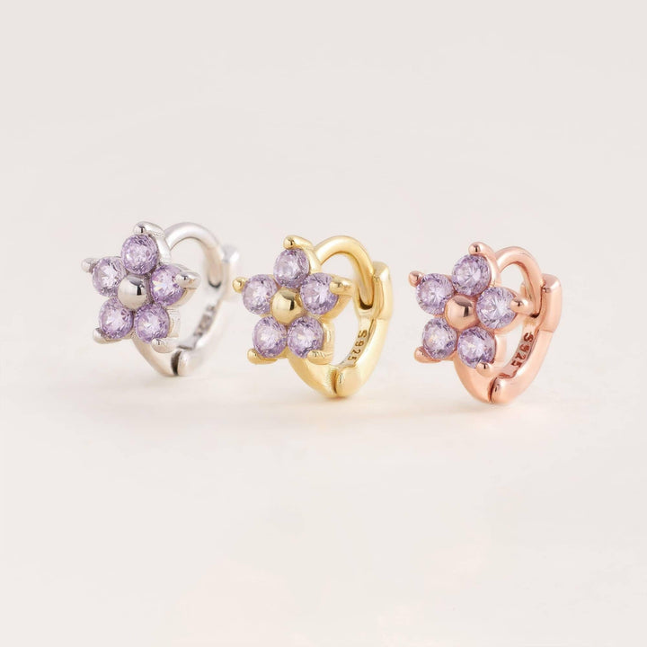 Amethyst Purple 3A CZ Five Petels Flower Huggie Hoop Earrings-EricaJewels