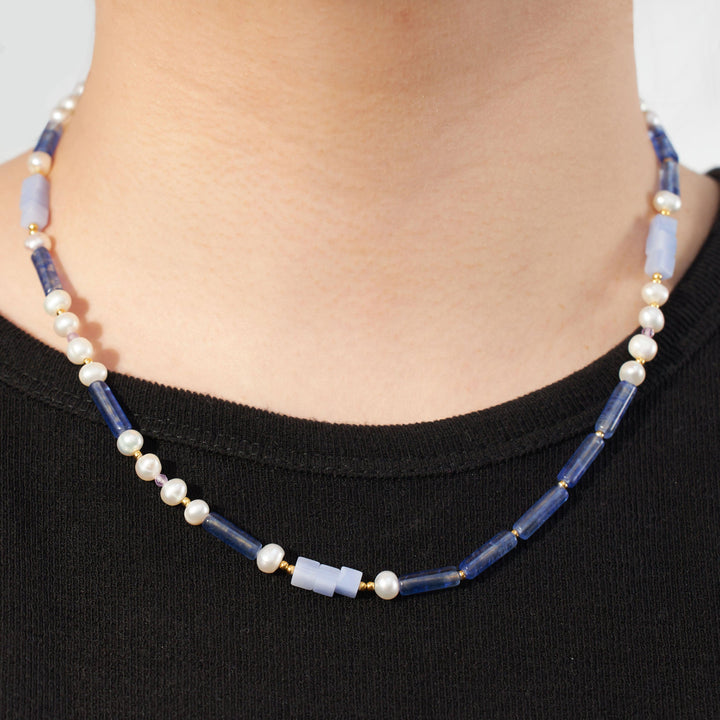 Natural Pearl And Blue Chalcedony Collar Necklace