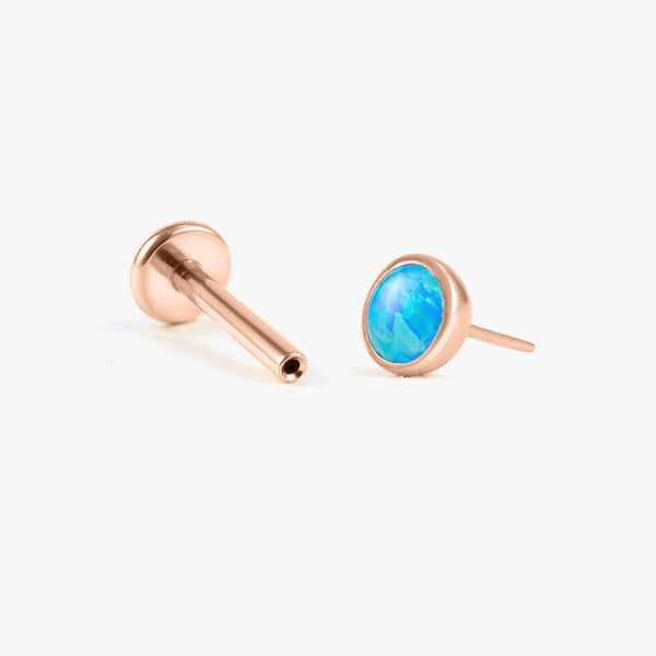 Color_Rose Gold;Blue Opal Bezeled Push Pin Earring