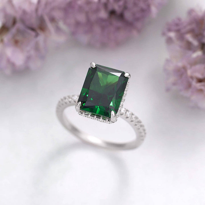 8A Emerald Green CZ Baguette Engagement Ring
