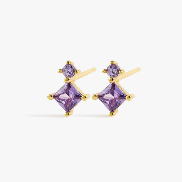 Double Square Amethyst Purple 3A CZ Stud Earrings