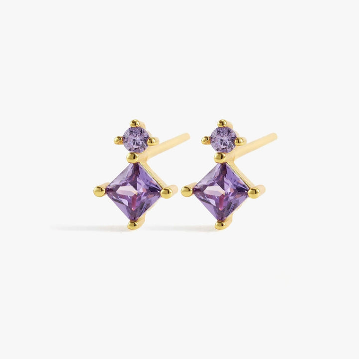 Double Square Amethyst Purple 3A CZ Stud Earrings