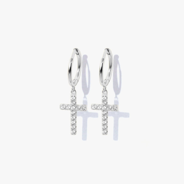 Jewelled Crystal 3A CZ Cross Dangly Hoop Earrings-EricaJewels