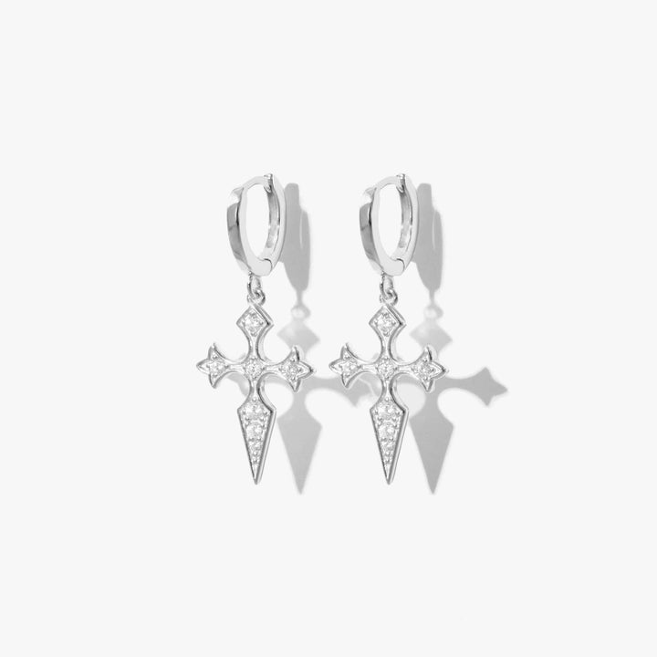 Jewelled Drop Cross Crystal 3A CZ Dangly Hoop Earrings-EricaJewels