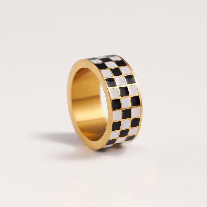 White and Black Square Plain Checkerboard Ring