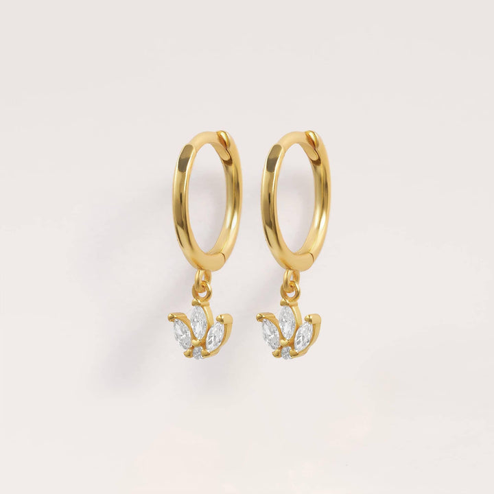 Gold Crystal 3A CZ Three Leaf Dangly Hoop Earrings