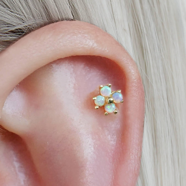 White Opal Four Leaf Clover Flat Back Piercing Earring
