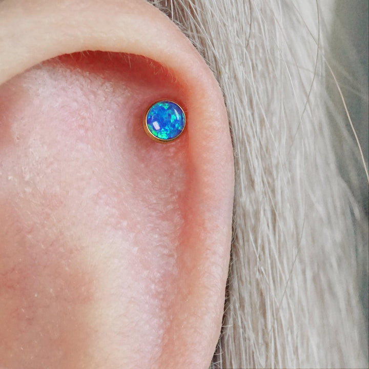 Multiple Sizes Blue Opal Bezeled Push Pin Earring