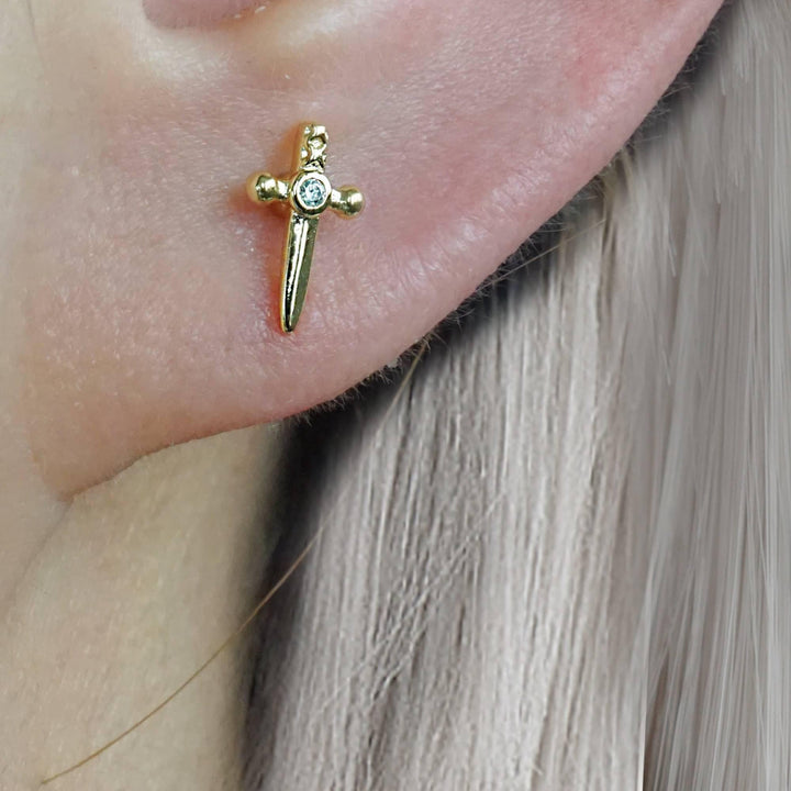 Plain Cross Sword Flat Back Piercing Earring-EricaJewels