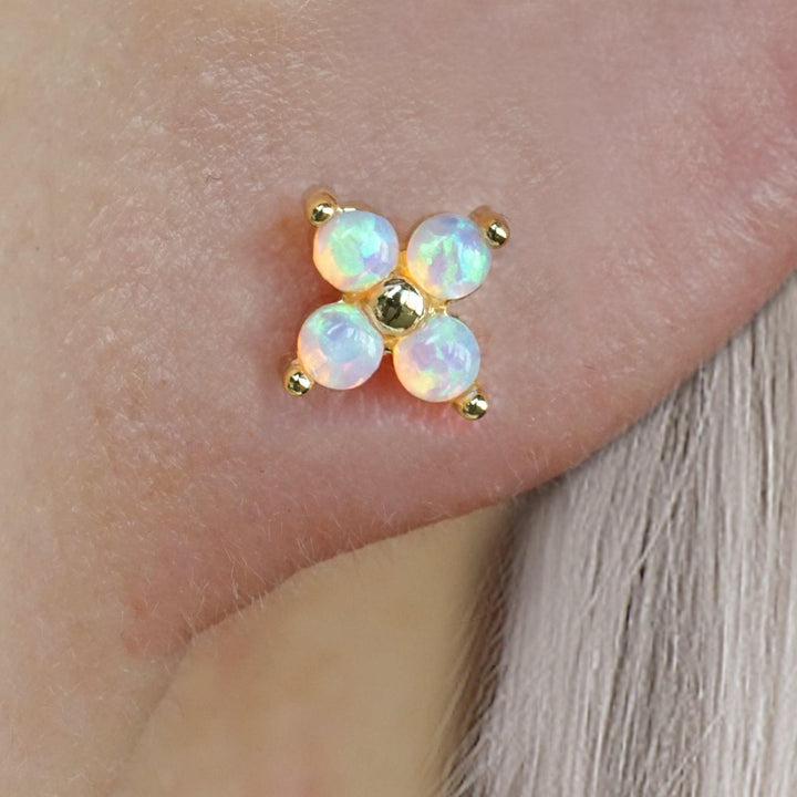 Four Leaf Clover Pink Opal Flat Back Piercing Earring