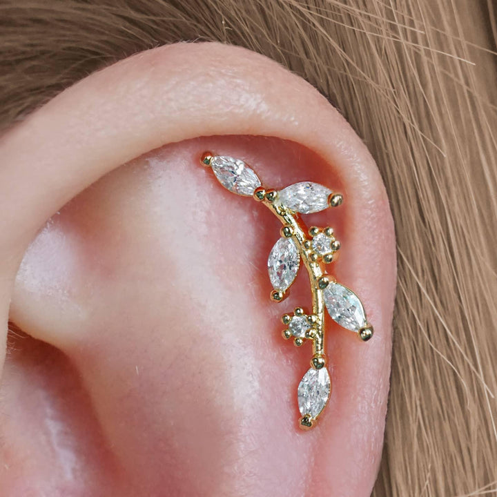 Dainty Crystal 3A CZ  Leaf Flat Back Piercing Earring-Left Ear