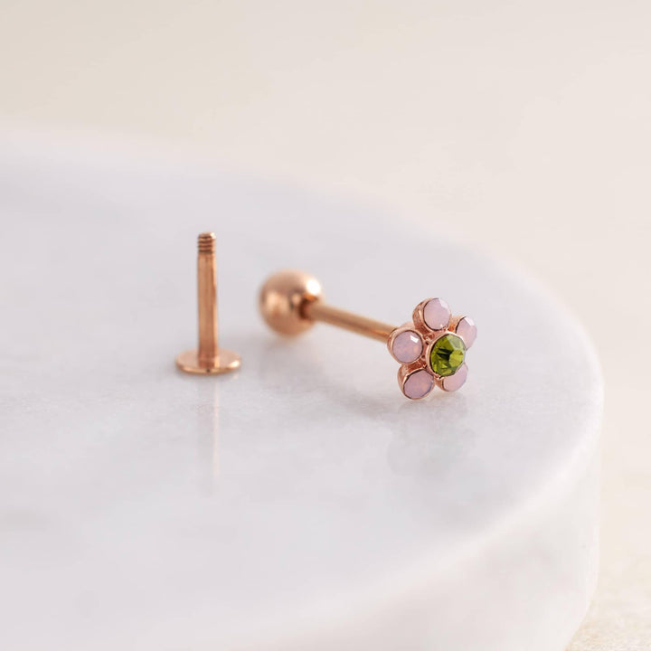 Pink Moonstone Flower Flat Back Piercing Earring-EricaJewels