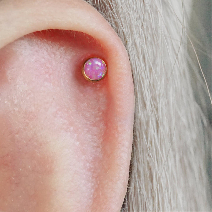 Multiple Sizes Pink Opal Bezeled Push Pin Earring