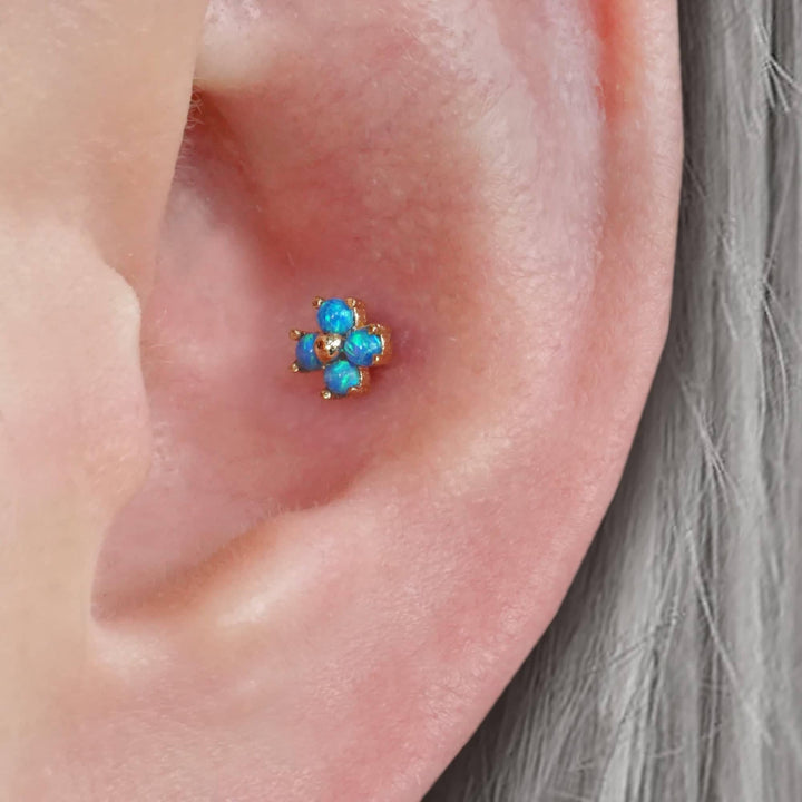 Blue Opal Four Leaf Clover Lotus Flat Back Piercing Earring