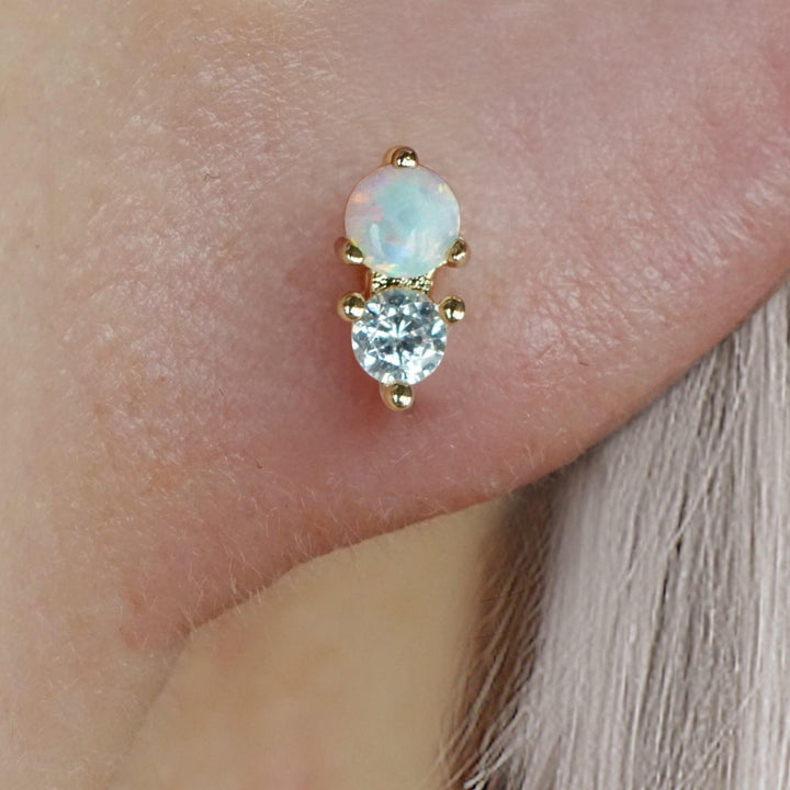 White Opal Double Gem Flat Back Piercing Earring