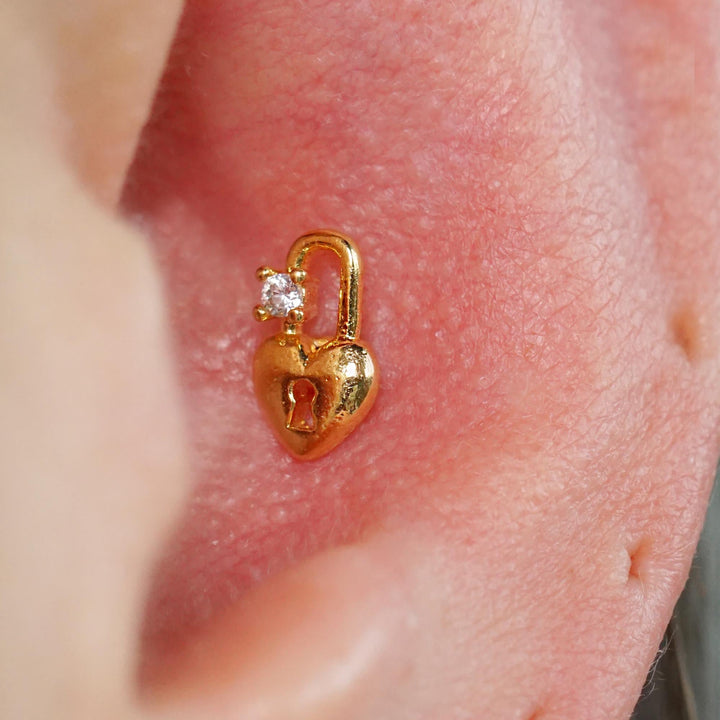 Crystal Heart Lock Flat Back Piercing Earring
