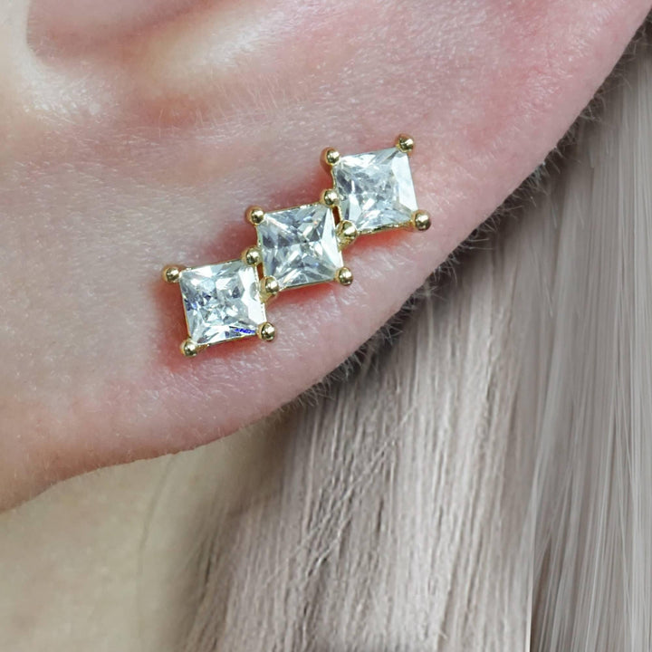 Triple Square Crystal 3A CZ  Flat Back Piercing Earring