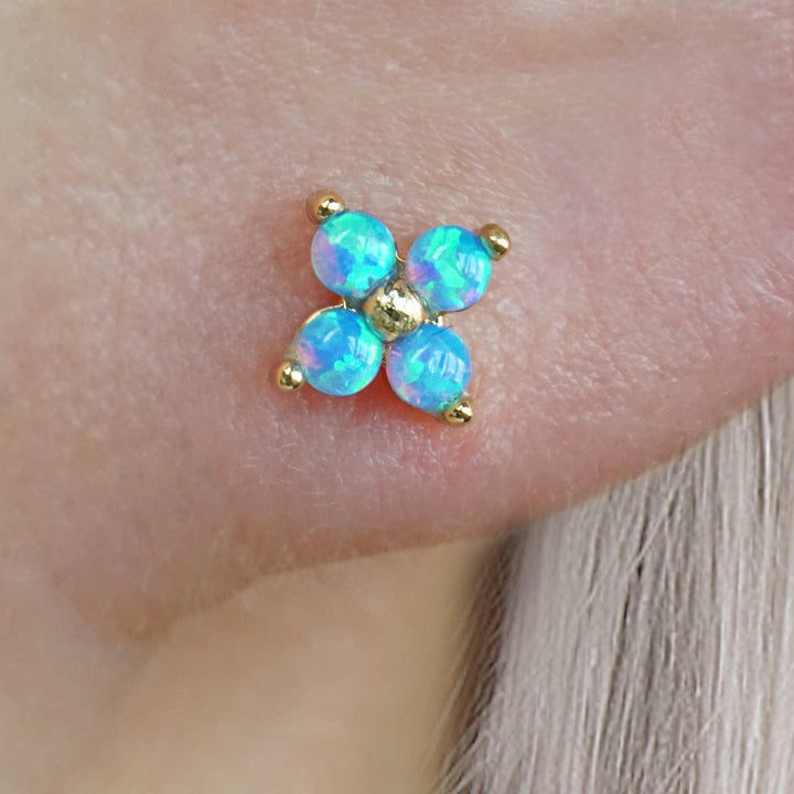 Four Leaf Clover Blue Opal Flat Back Piercing Earring