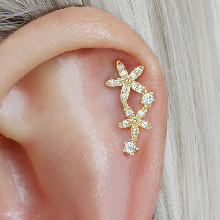 Helix Crystal 3A CZ  Double Flower Flat Back Piercing Earring-Right Ear