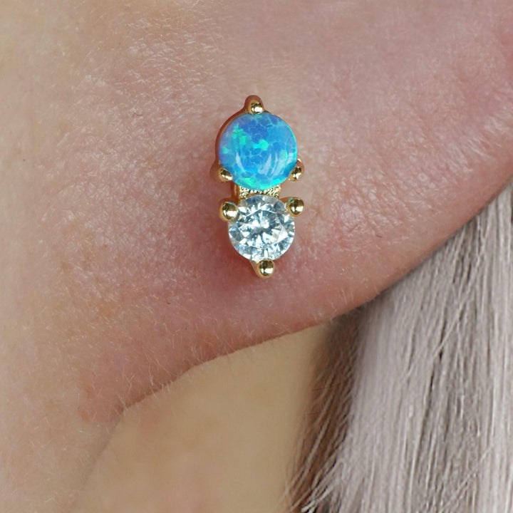 Blue Opal Double Gem Flat Back Piercing Earring