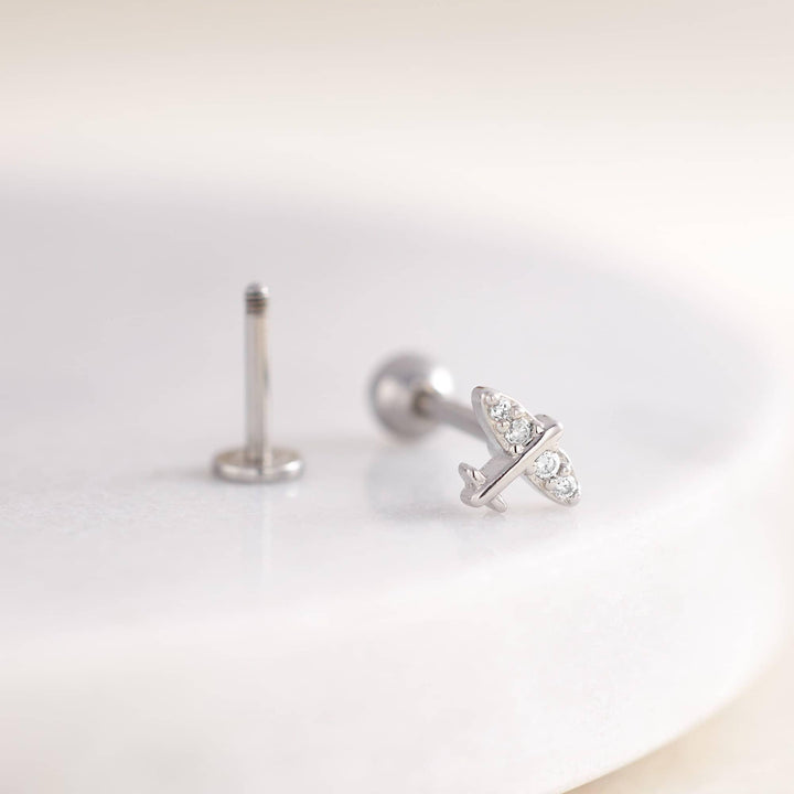 Tiny Airplane Crystal 3A CZ  Flat Back Piercing Earring