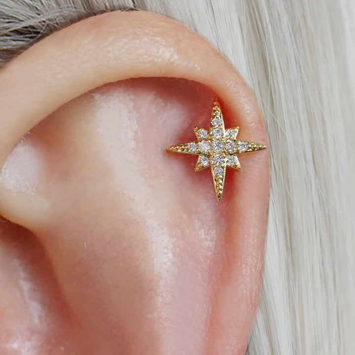 Sparkling Crystal 3A CZ  North Star Flat Back Piercing Earring
