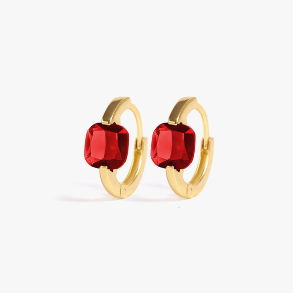 Garnet Red 3A CZ Chunky Square Birthstone Hoop Earrings